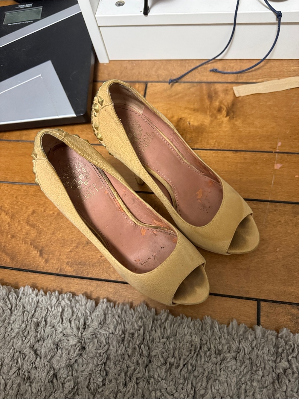 Vince Camuto Mustard Peep-Toe Studded Heel Pumps